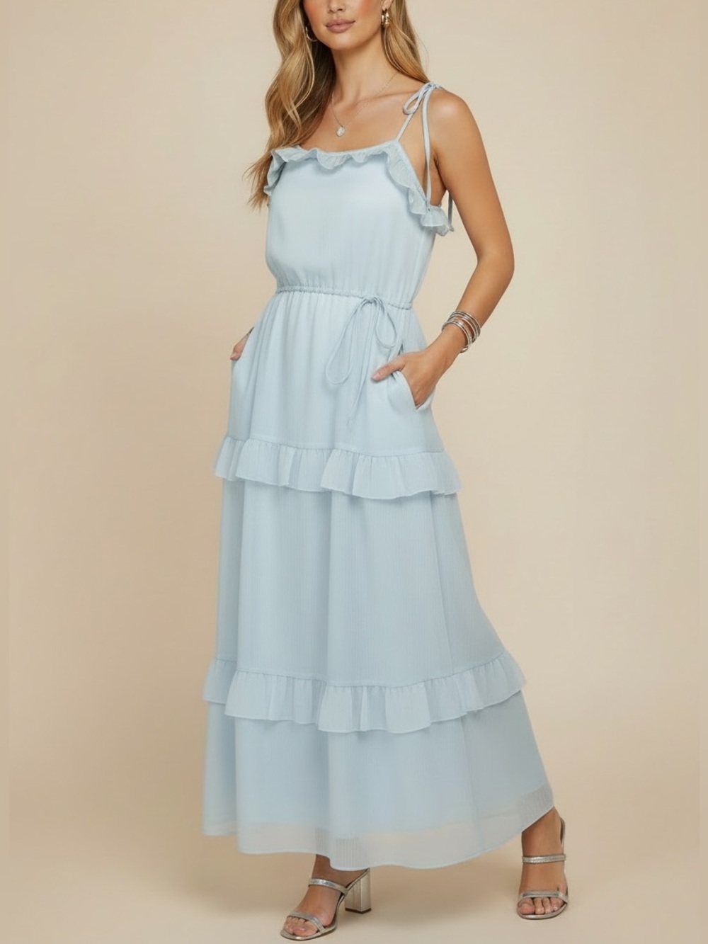 NWT JULIA JORDAN Light Blue Sleeveless Tiered Ruffle Lined Maxi Dress Size Small